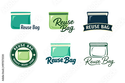 Collection of reuse bag logos in various styles and colors