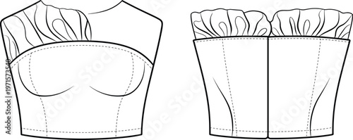 Fashion illustration of a women's strapless corset top with ruffled short sleeves.