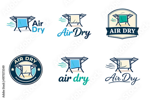Collection of air dry clothing logos featuring drying racks with flowing cloth designs