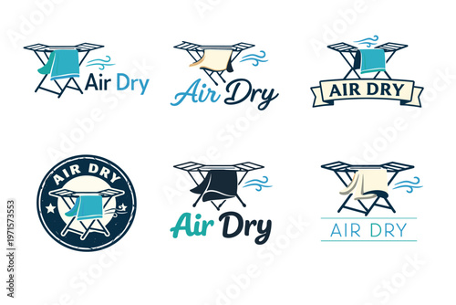 Collection of air dry laundry logos featuring clotheslines and breeze elements