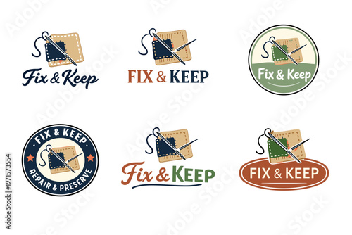 Fix & keep logo designs: needle, thread, and stitched fabric elements
