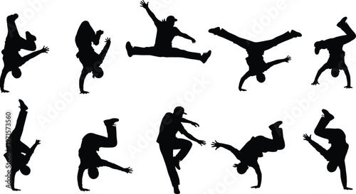 Breakdancer silhouette collection, acrobatic dance artwork, dynamic posture vector, urban street style design, athletic movement illustration, energetic performance composition