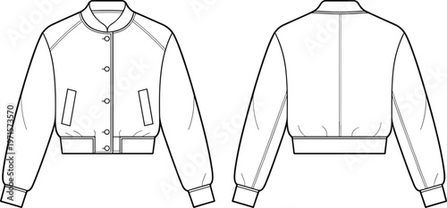 Front and back view fashion sketch of a women's bomber jacket with snap buttons.