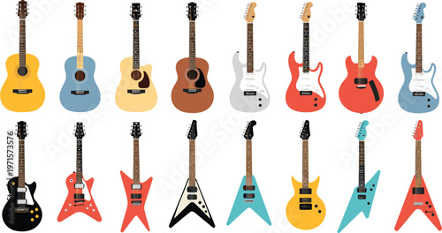 Electric and acoustic guitar icon collection featuring various body shapes and colors for music lessons instrument retail and concert promotion design,