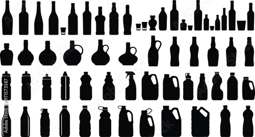 Bottle silhouette collection, container shapes vector, wine liquor jug artwork, spray detergent design, packaging illustration set, product identification graphic composition