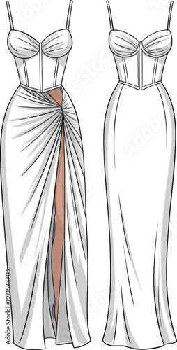 Elegant white maxi dress with ruched detail and thigh high slit front and back views.