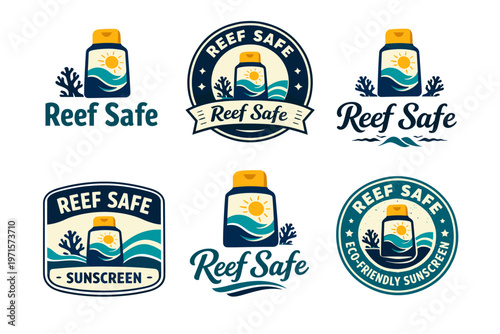 Reef safe sunscreen badges with wave and coral illustrations