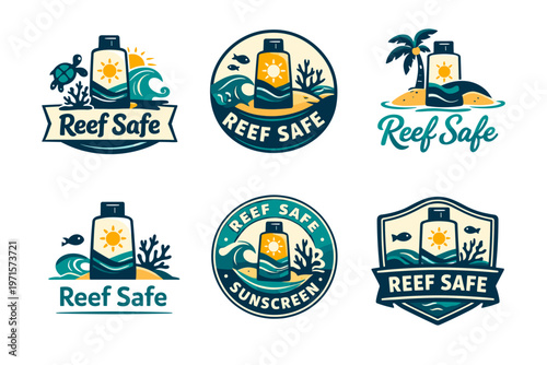Reef safe sunscreen logos with ocean and tropical elements