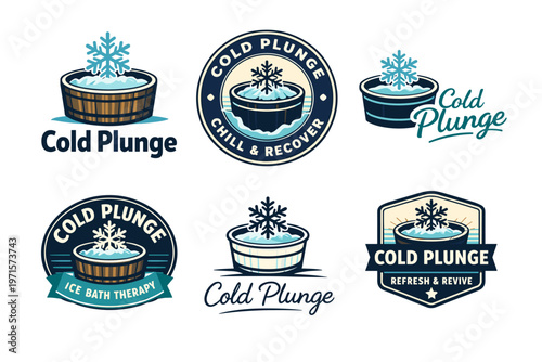 Cold plunge logos with snowflakes and tubs for ice bath therapy