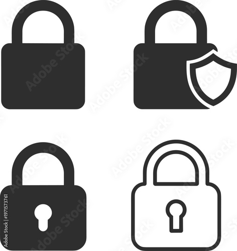 Padlock security icons set with shield protection symbol, locked and unlocked padlocks, cybersecurity concept, data privacy protection signs isolated on white background vector illustration
