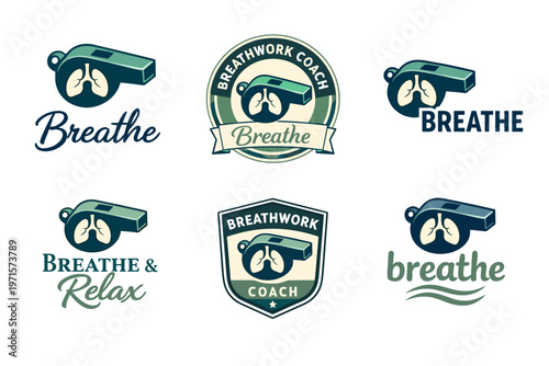 Breathwork coach logos featuring whistles and lungs for calm breathing