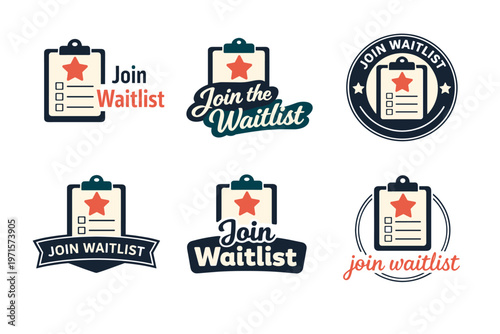 Various "join waitlist" badge designs with clipboards and stars