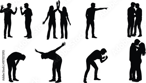 Human interaction silhouettes, emotional body language artwork, communication gesture vector, expressive posture design, relationship illustration, confrontation and embrace graphic set