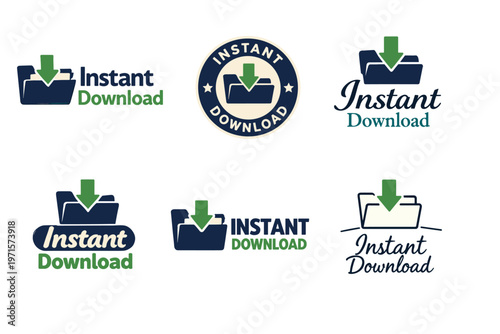 Set of instant download logos with arrows and folders in green and blue