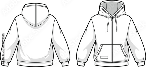 Front and back view of a plain white zip-up hoodie with pockets and a hood on a transparent background.