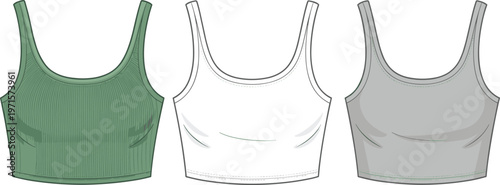 Three tank tops, one green, one white and one grey, featuring ribbed texture and scoop neck.