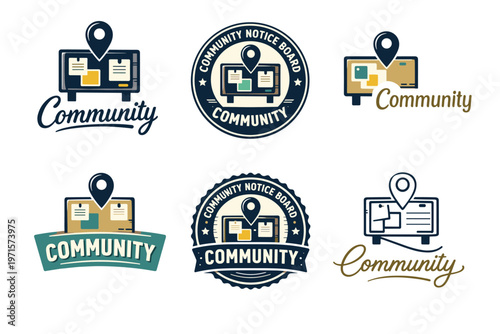Set of community notice board logo designs with map pin elements