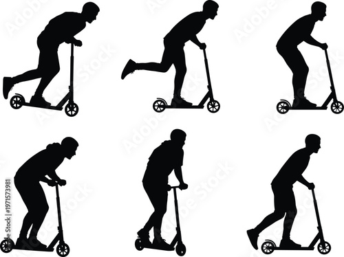 Kick scooter rider silhouettes, urban mobility artwork, dynamic posture vector, casual transport design, balance motion illustration, modern commuting graphic composition