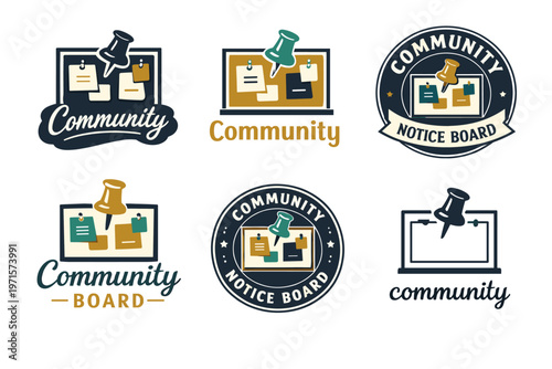 Community notice board logos with pushpin illustrations