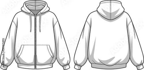 White zip-up hoodie mockup with pocket front and back view isolated on transparent background.