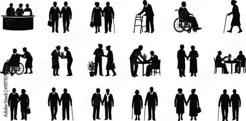 Elderly care silhouettes collection showing seniors with caregivers, walking aids, wheelchair assistance, companionship and daily support activities isolated on white background