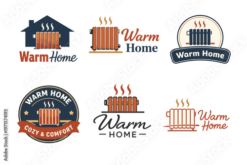 Warm home logos featuring heating radiators and cozy home themes