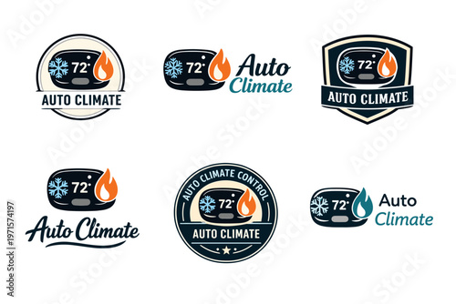 Auto climate control logos featuring thermostat icons and weather symbols