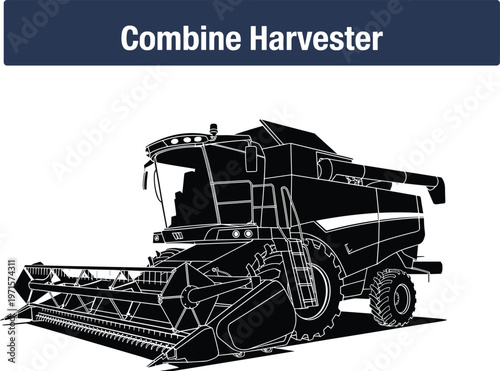 Silhouette of a combine harvester working in a field vector illustration.