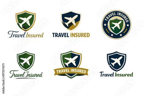 Travel insured logos featuring shield and airplane design