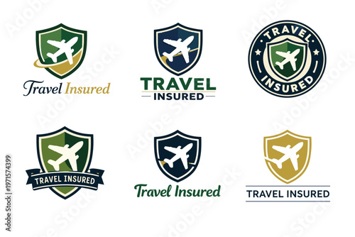 Travel insured logos with airplane and shield design variations