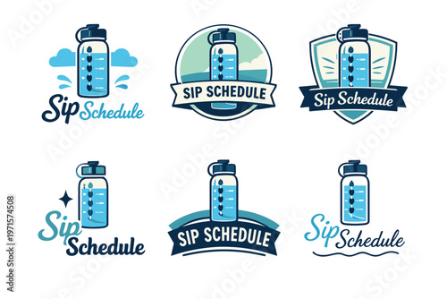 Collection of illustrated water bottle logos with sip schedule theme