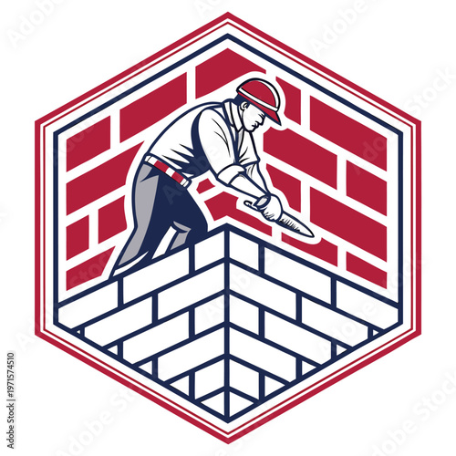 Bricklayer working on construction site inside hexagonal frame with hard hat