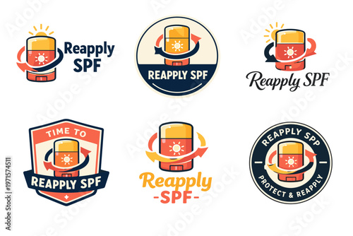 Reapply spf logos with sunscreen bottle and sun design elements