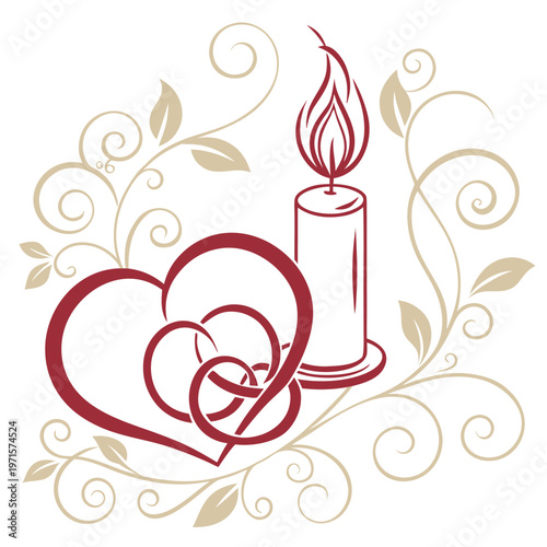 Intertwined hearts with a burning candle and floral swirls with valentine s day