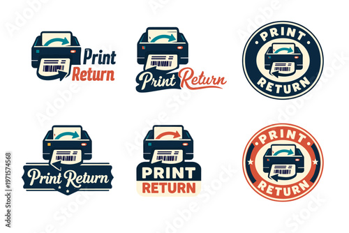 Print return badge and logo set featuring printer icons and typography