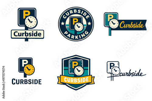 Variety of curbside parking logos featuring clocks and signage designs