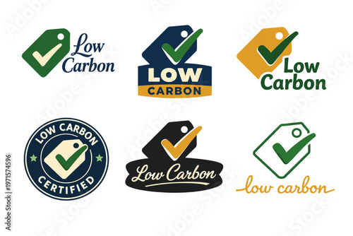 Low carbon logos with check marks in various styles and colors