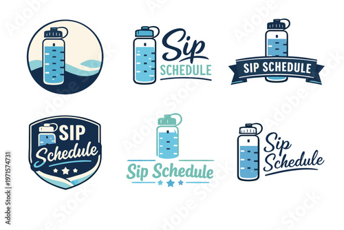 Water bottle logos with sip schedule design set