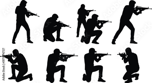 Rifle shooting silhouette collection, tactical posture artwork, combat training vector, firearm stance design, military illustration set, weapon handling graphic composition