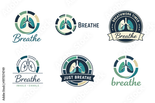 Collection of breathe-themed logos featuring lungs and relaxation motifs