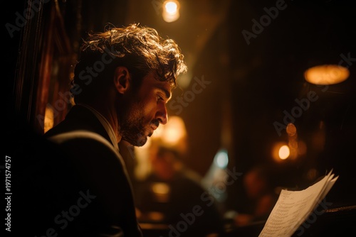 Male actor studying script in dim backstage
