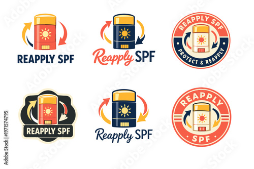 Sunscreen reapplication reminders: spf logos with sun protection messages