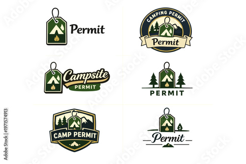 Variety of camping permit logos with tent and trees designs