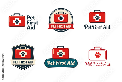 Pet first aid logos with paw print and first aid kit designs