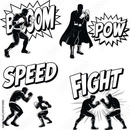 Black and white stylized silhouettes of punk rock band members performing punk music singer