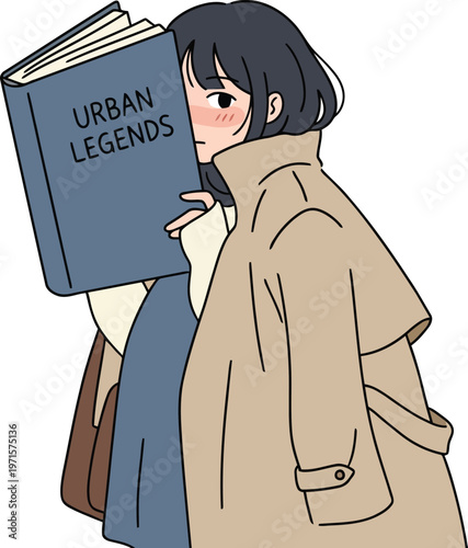 Girl hiding face behind book titled 'urban legends', curious and shy, trench coat