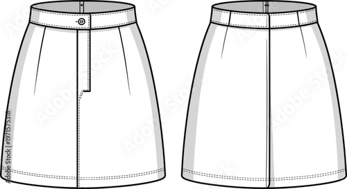 Flat fashion sketch of white pleated skirt, front and back view.
