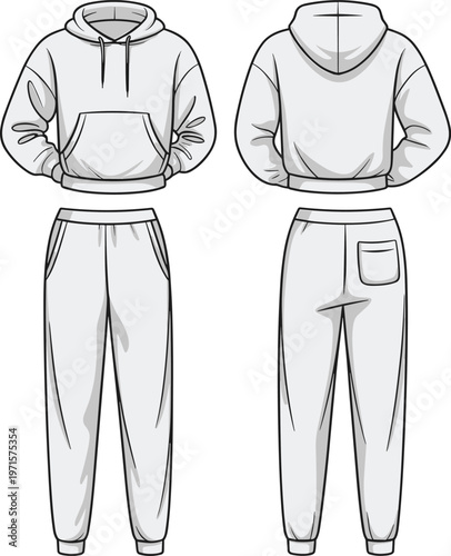 Flat fashion sketch of white hoodie and sweatpants, front and back view.