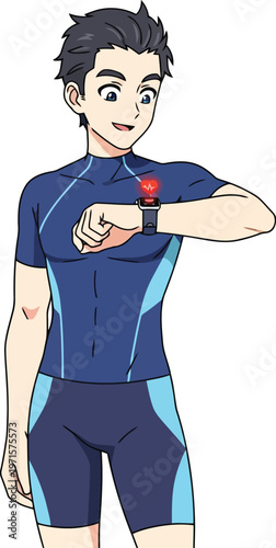 Man in wetsuit checking smartwatch with he has a focused expression and appears ready