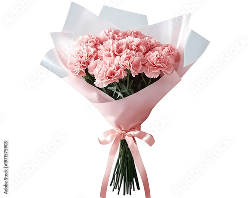 Elegant pink carnations bouquet in paper wrap on transparent background for floral design.